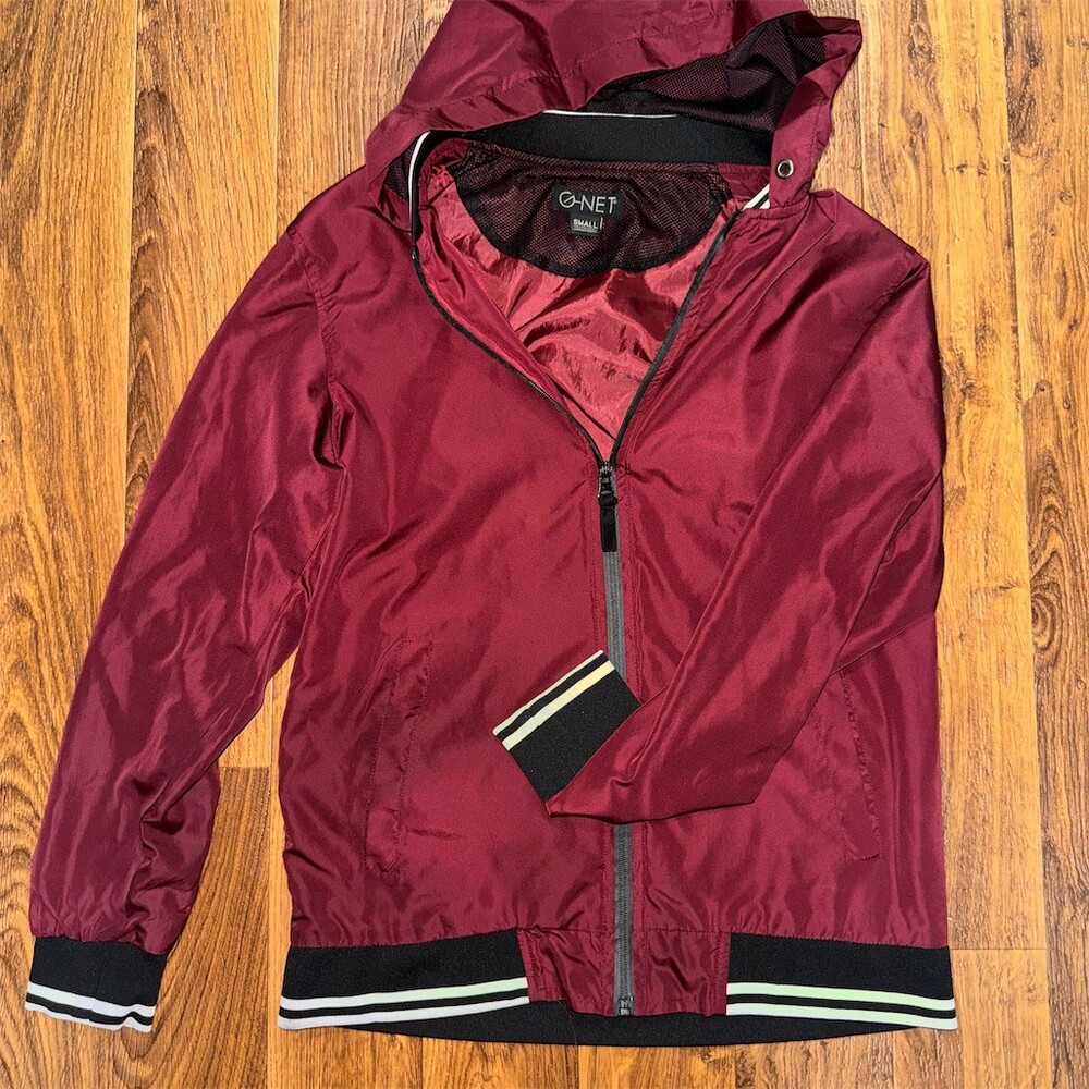 G-NET Windbreaker Jacket Womens Size S Burgundy Hooded Full Zip Mesh Lined